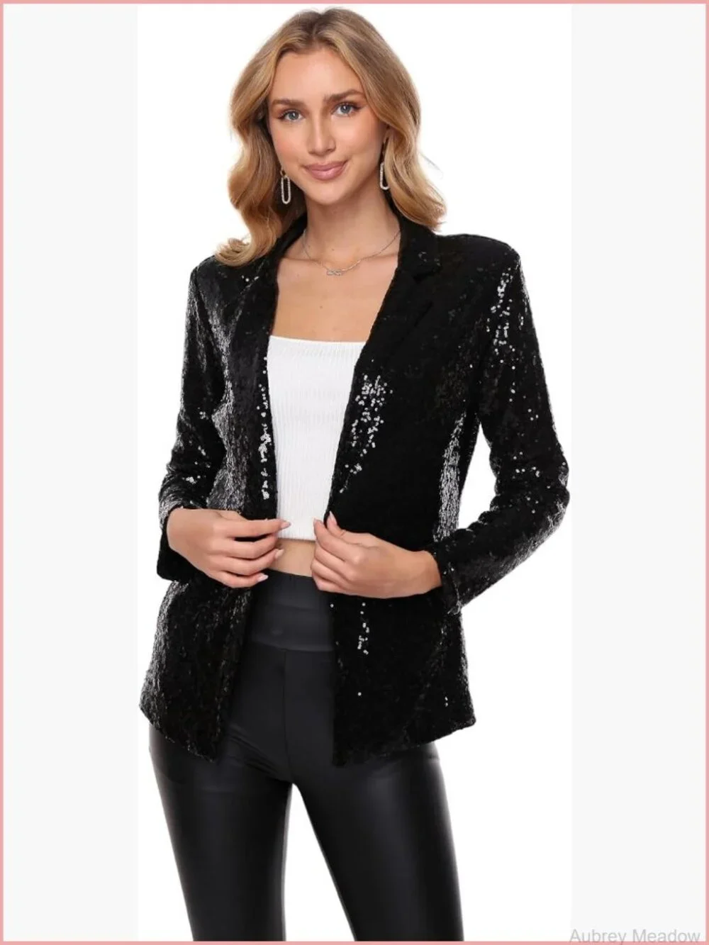 Sequin Open Front Blazer Long Sleeve Sparkly Cardigan with Pockets